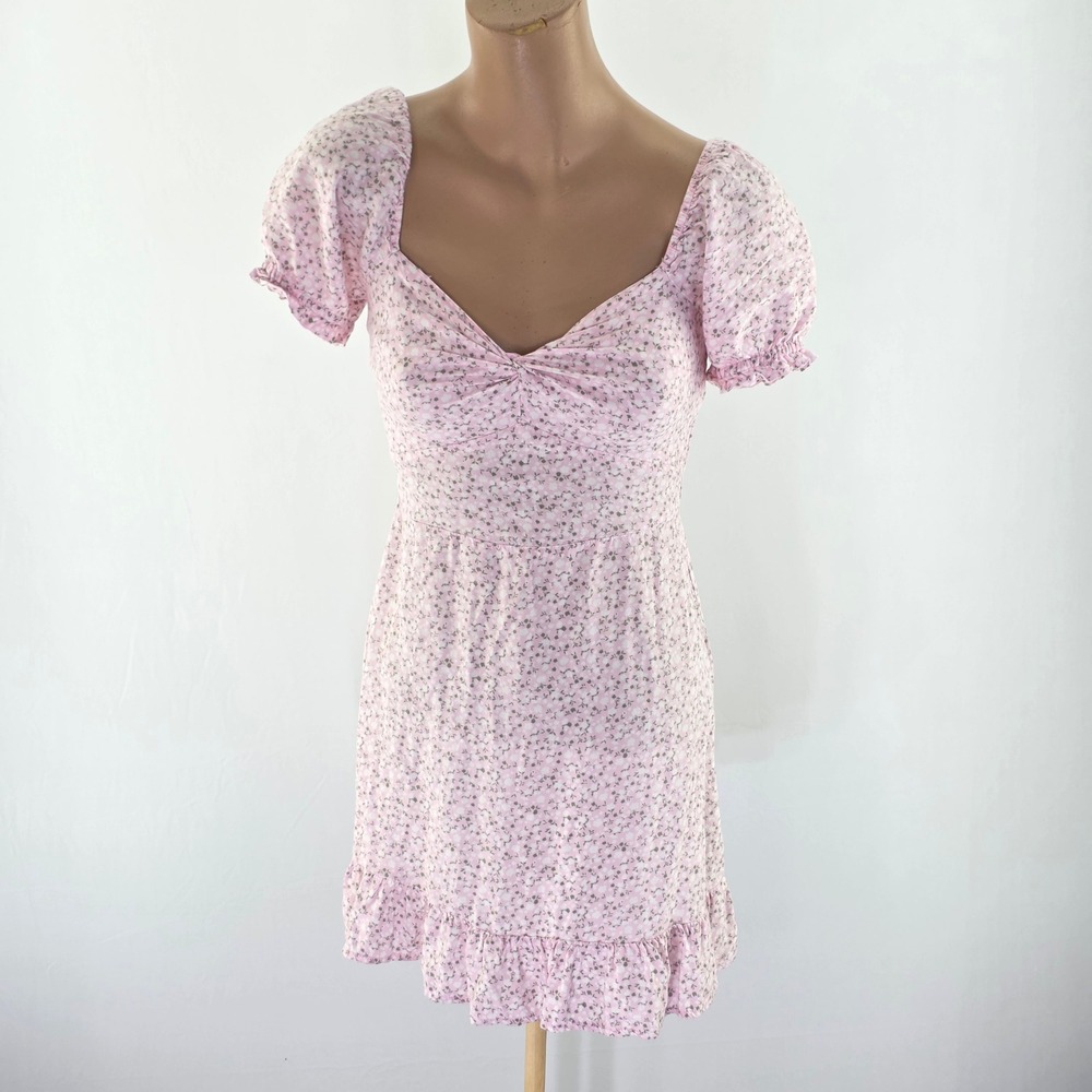 Hollister Floral Mini Dress Women XS Pink Puff Sleeve Smocked Ruffle Cottagecore